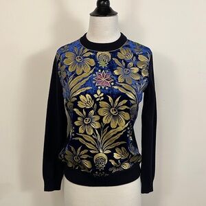 Tory Burch Unique Blue and Gold Velvet Sweater Top S/P